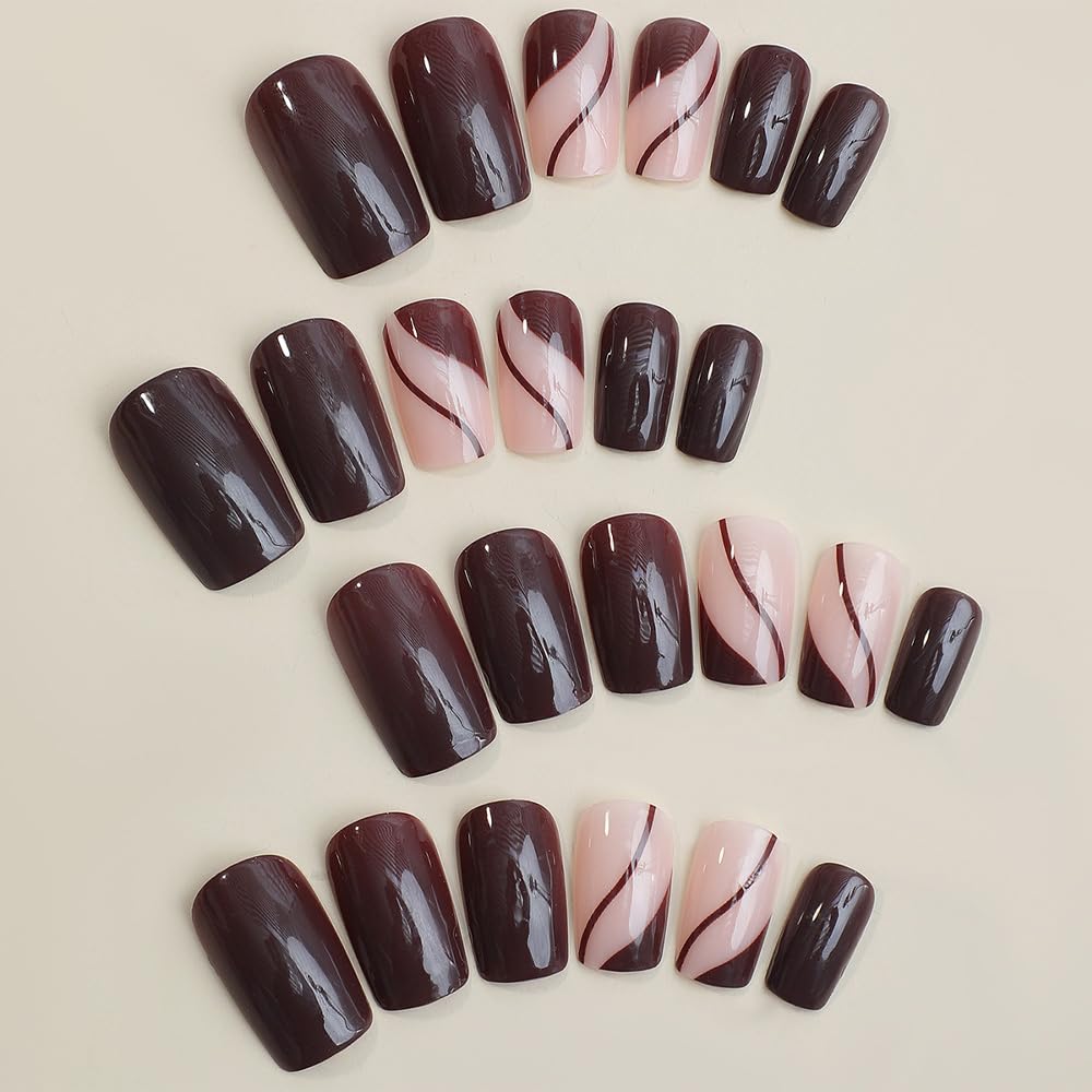 ANDGING Brown Press on Nails Short Square Fake Nails with Glue Acrylic Coffin Glue on Nails with Designs Gel Manicure Curved False Nail for Women Girls Fantasy Stick ons Nails for Wedding Birthday - Image 3