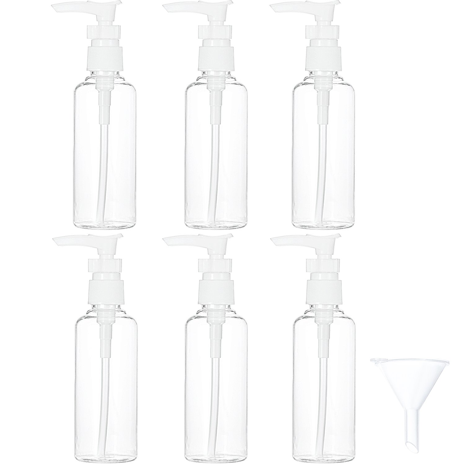 6 Pack Transparent Travel Bottles Pump Bottle Lotion Dispenser Bottle Set with Small Funnel for Flight, Airport, Holiday (White, 100 ml)