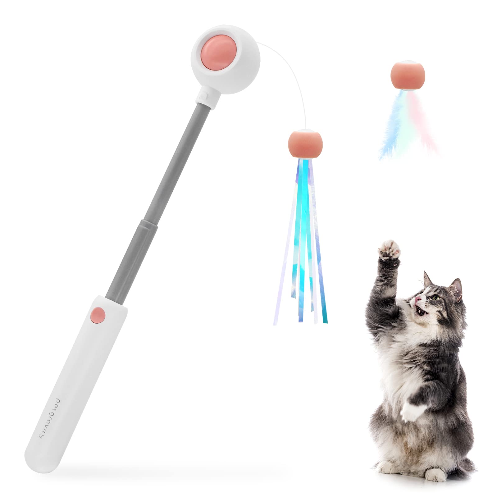 Andiker Retractable Cat Wand With Replacement Head - Teaser Stick, Feather Toy, Interactive Toy for Indoor Cats, Relief Boredom and Exercise (Pink)