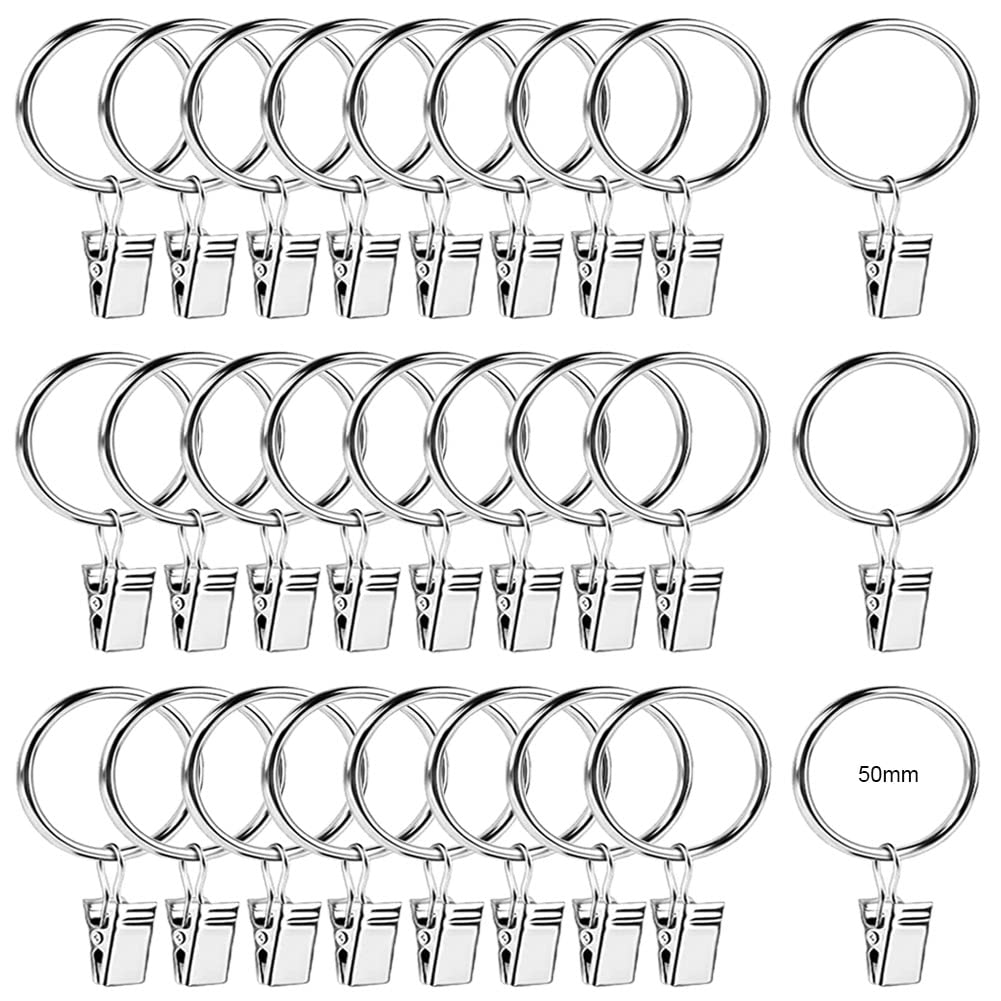Curtain Rings 50 mm Pack of 30 Curtain Clips Curtain Rings with Clips Curtains Clamp Metal Curtain Rings Silver for Curtain Rod and Shower Curtain Hanging Ring