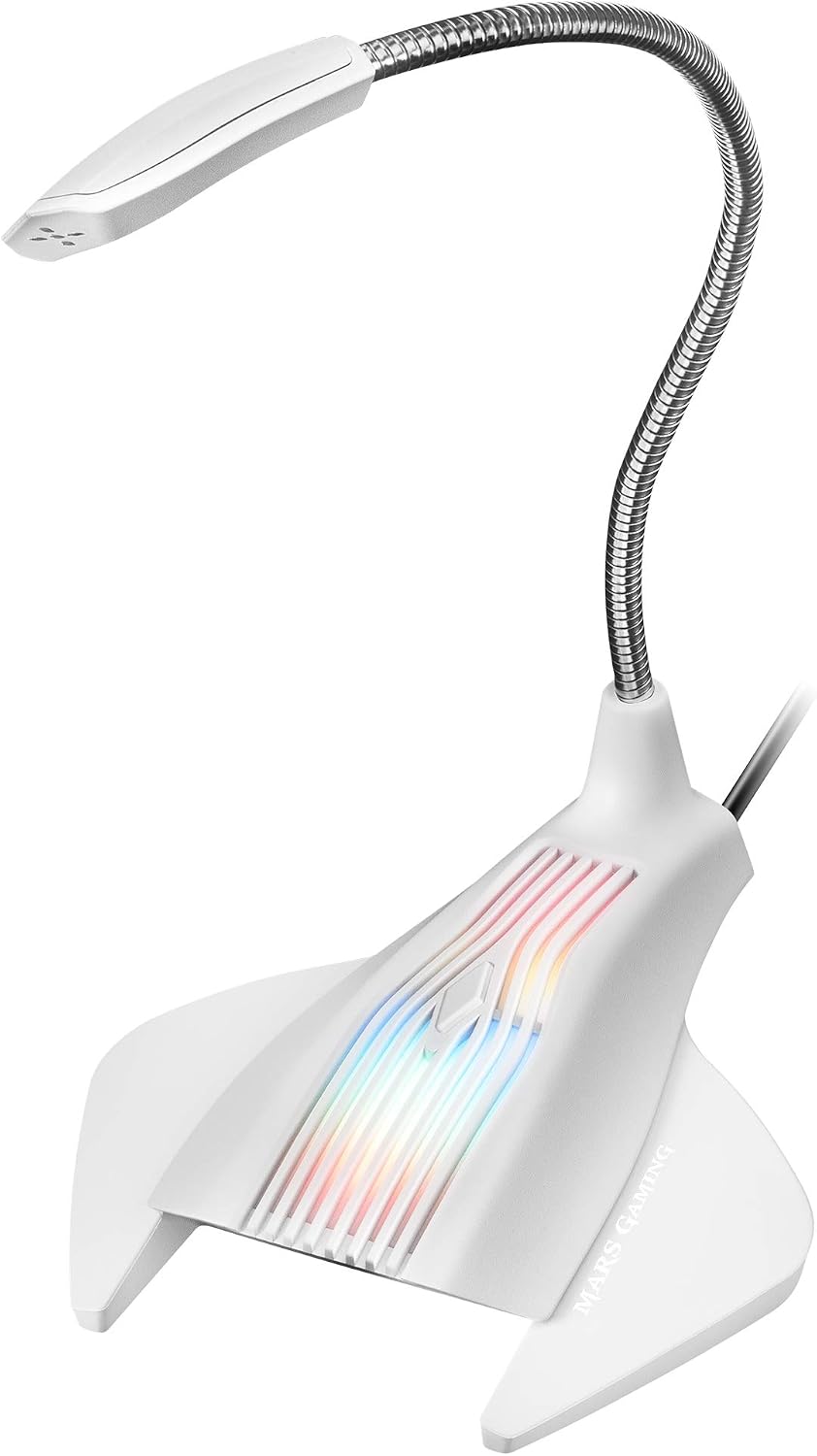 Mars Gaming MMICW, RGB USB Gaming Microphone, Plug & Play, Mute, Flexible, White, GRANDE