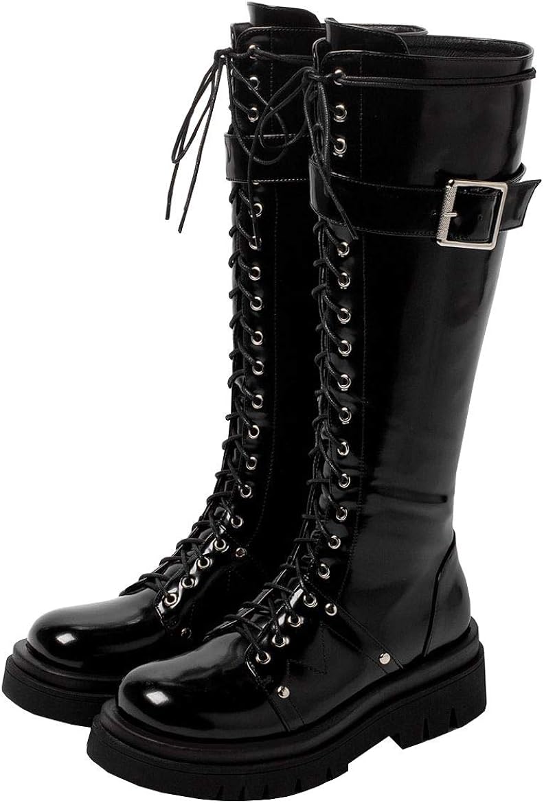 AIMODOR Womens Faux Patent Leather Combat Knee High Platform Lace Up Buckle Boots