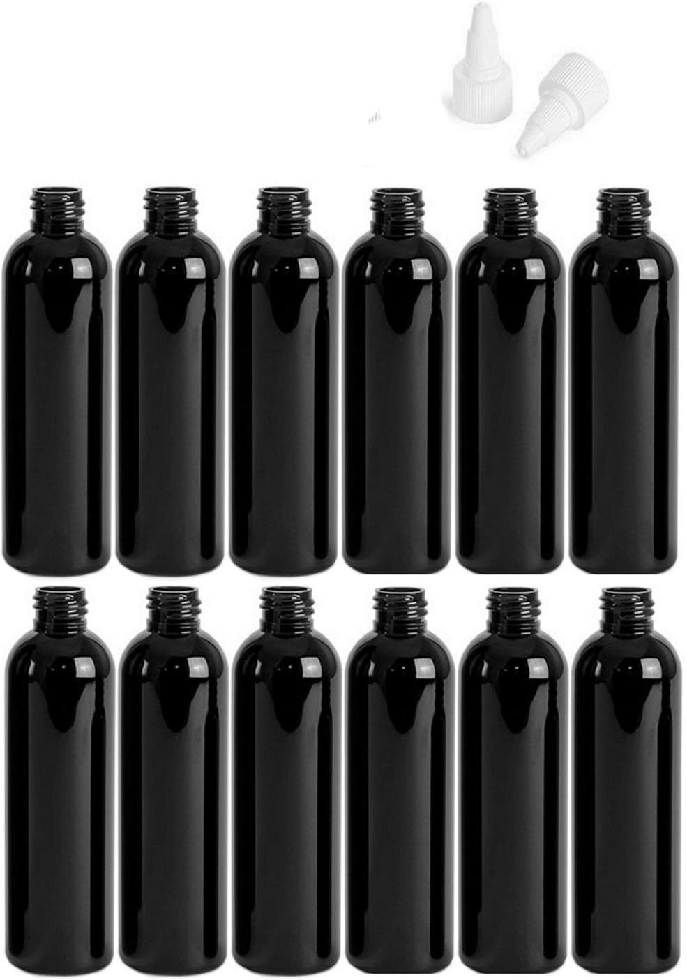 4 Ounce Cosmo Round Bottles, PET Plastic Empty Refillable BPA-Free, with White Twist Top Caps (Pack of 12) (Black)