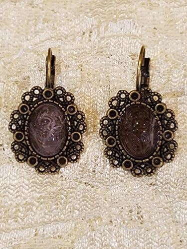 Amethyst Egyptian Scarab Dangle Earrings Antique Gold-toned