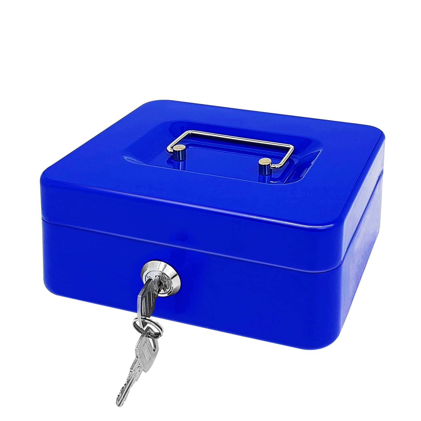 Steel Cash Box with Key Lock, Metal Small Money Organizer with Money Tray,Cash Storage Box with Lockable Cover (Blue-20 * 16 * 8.5 CM)