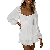 Fixmatti Women off Shoulder Rompers Lantern Long Sleeve Ruffle Tie Mini Shorts Jumpsuit