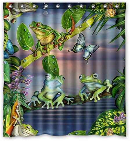 Custom Cartoon Butterfly Frog Green Leaves Fabric Bathroom Shower Curtain with Hooks 66 x 72 Inches