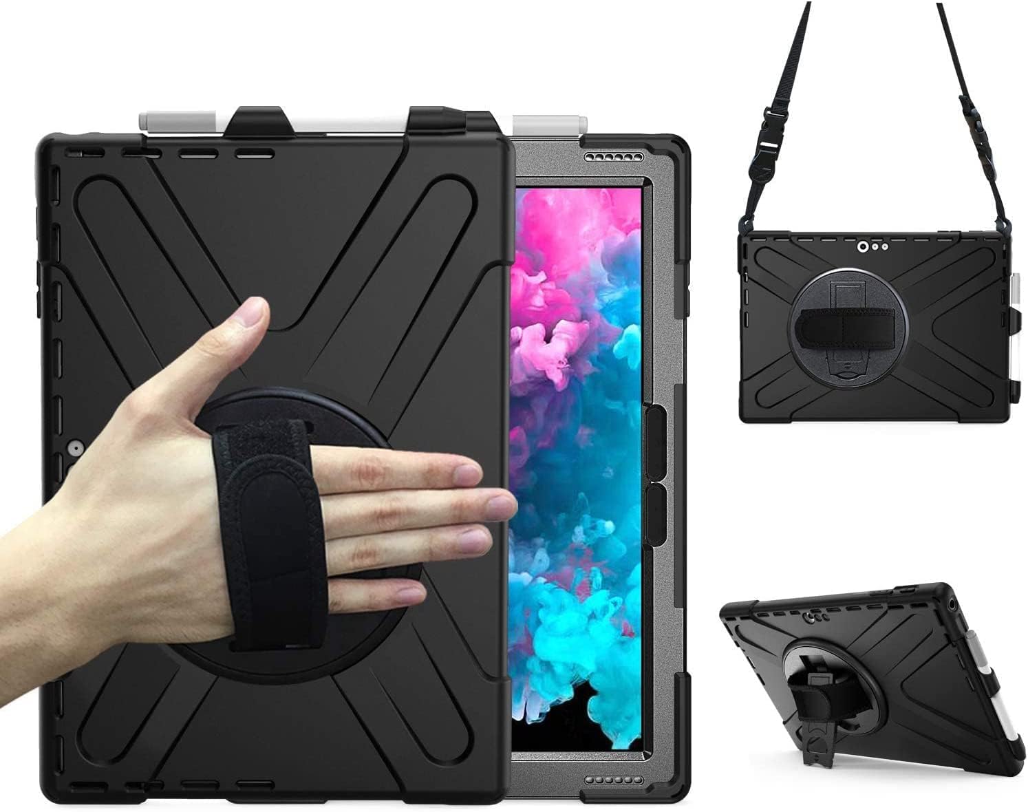 Junfire Case for Microsoft Surface Pro 7 Plus/7/6/5/4/LTE 12.3 inch Tablet, Shockproof Heavy Duty with 360 Rotating Kickstand Hand Strap, Pen Holder and Shoulder Strap for Surface Pro 7 Case, Black — image 1