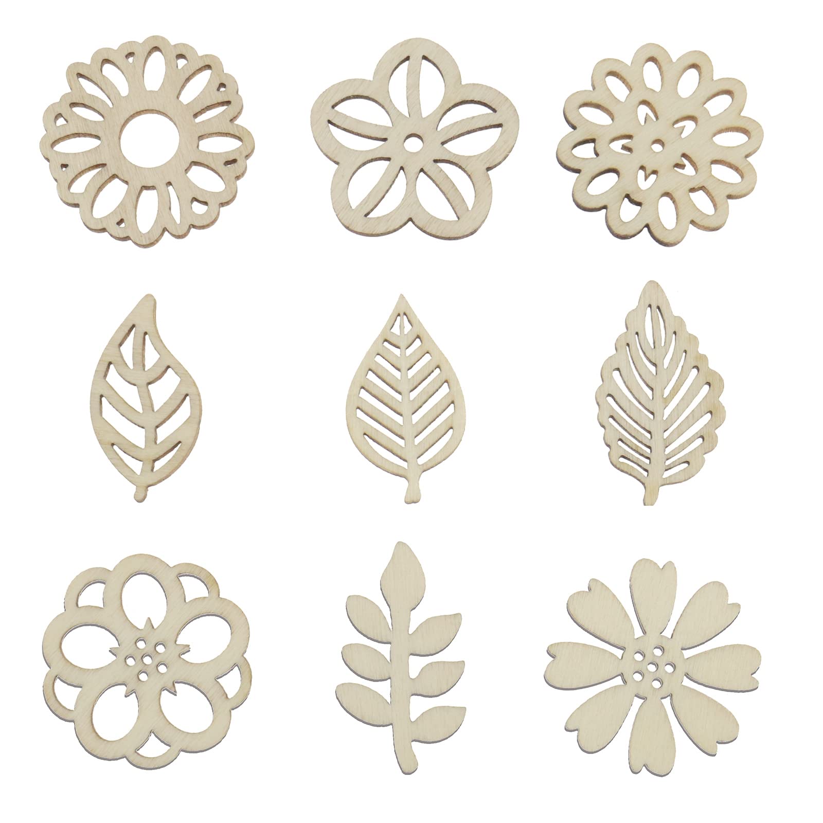 VGOL 100PCS Flower & Leaf Shapes Wooden Slices Wooden Embellishments Decorative Wood Chips Ornaments for DIY Scrapbooking Card Making Crafts