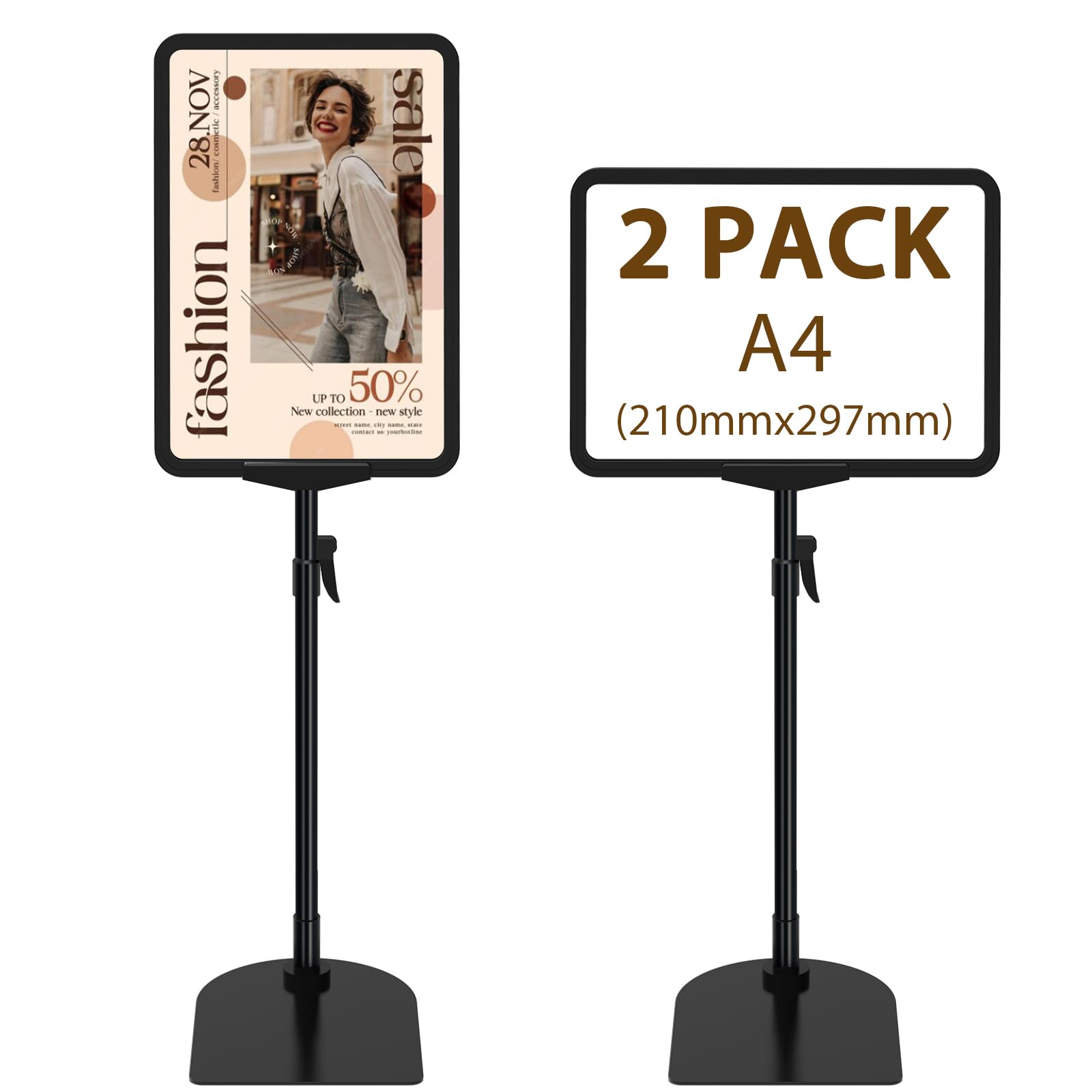 Newzealkids 2 Pack Adjustable A4 Poster Stand, Reusable Sign Holder for Advertising Business Menu, Display Holder for Vertical & Horizontal View, Black