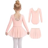 Gogokids 2PCS Long Sleeve Dance Leotards with Removable Skirt, Toddler Dance Dress for Ballet Class & Performance 3-11Years