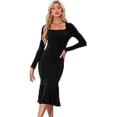 Allegra K Long Sleeve Midi Dresses for Women's Party Square Neck Ruffles Bodycon Dress
