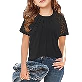 LNKQA Girls Short Sleeve T Shirts Summer Tops Kids Lace Pleated Tees 5-14 Years