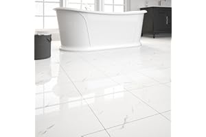 ZRJT 20-Pack Peel and Stick Floor Tiles Vinyl Floor 12 x 12 inch Self Adhesive Waterproof Glossy Flooring Planks DIY for Bathroom, Kitchen, Living Room, RV, Cover 20 Sq. Ft, Polish White Marble