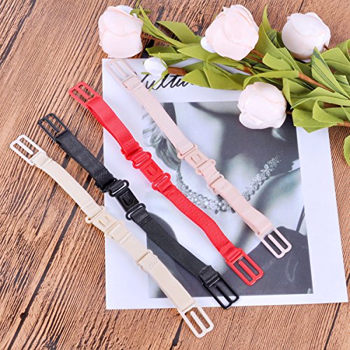 Lady Up 4Pcs Bra Strap Clips Holder, Bra Strap Holder Elastic Non-Slip Straps with Buckle, Anti-Slip Bra Shoulder Straps, Black&Red&Nude&Apricot
