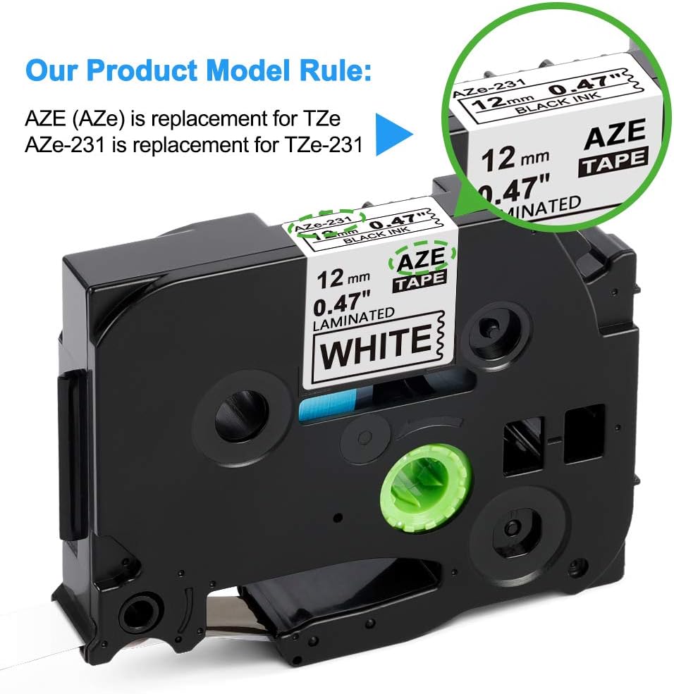 Labelife Compatible Label Tape Replacement for Brother TZe231 Ptouch Tape TZe Label Tape 12mm 0.47 Inch Laminated White Label Maker Tape TZe-231 for P-Touch PTH110 PT-D200 PTD600, 26.2 Feet, 6-Pack: Office Products