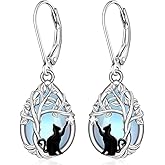 Cat Gifts for Women Moonstone Black Cat Earrings for Women Sterling Silver Filigree Tree of Life Dangle Drop Jewelry Leverback Christmas Halloween Gifts