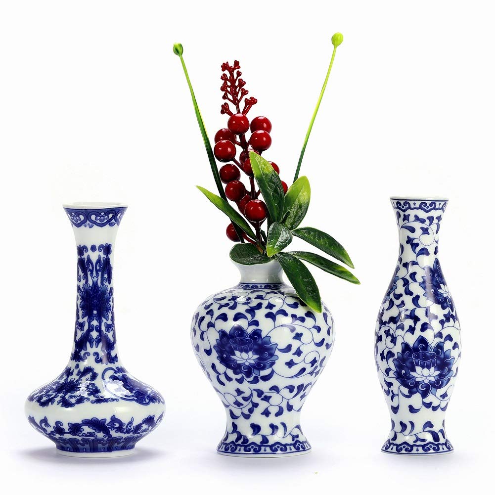 ArtFam Glaze Blue & White Porcelain Flower Vases Set of 3, Classic Chinese Bottle Vases for Home Decor
