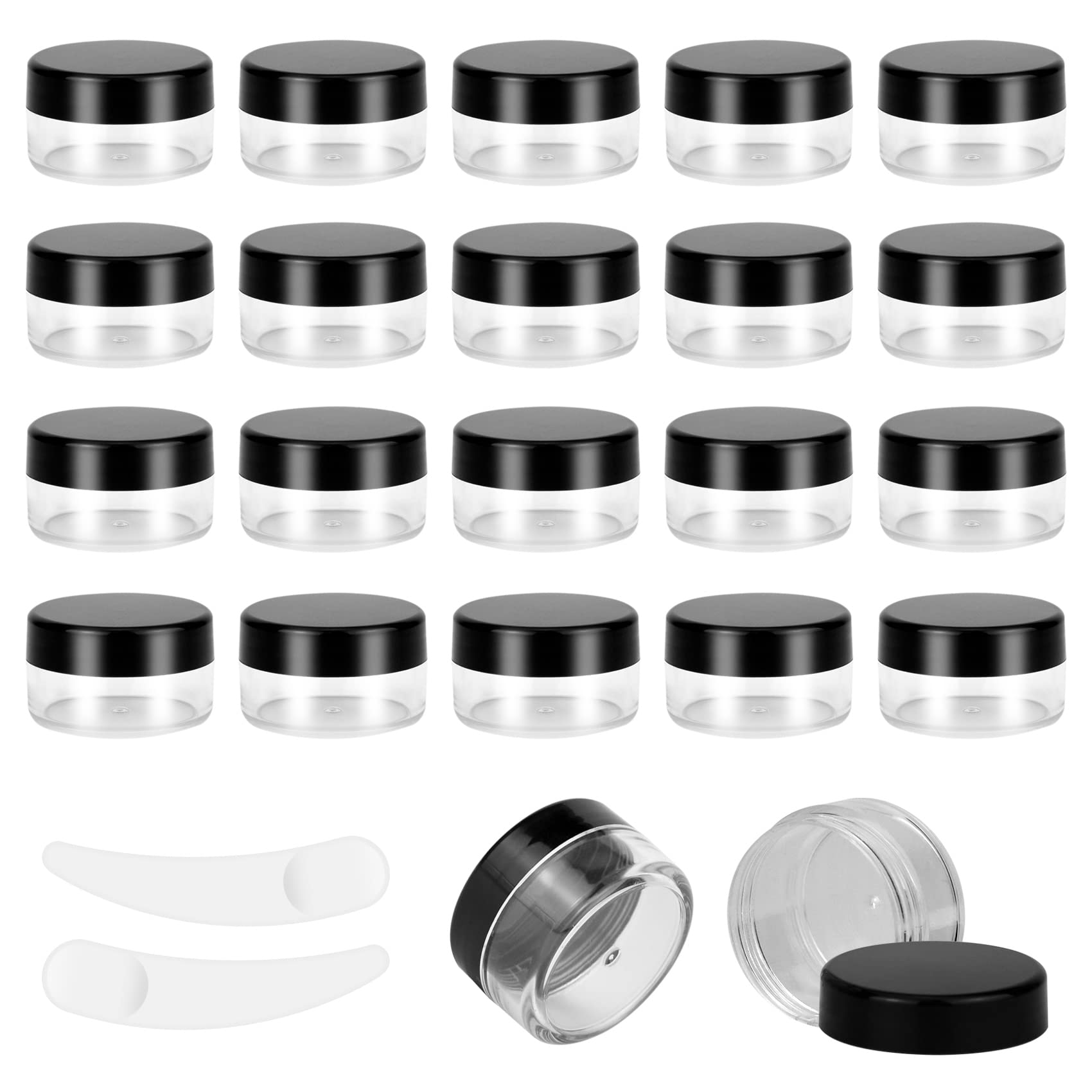 20pcs 10 Gram/10ml Jars, Sample Pots, Mini Jars With Lids, Clear Round Plastic Jar With 2 Mini Spatulas For Various Cosmetic Products, Samples， Eye Shadow Lip Balm, and Nail Powder (Black)