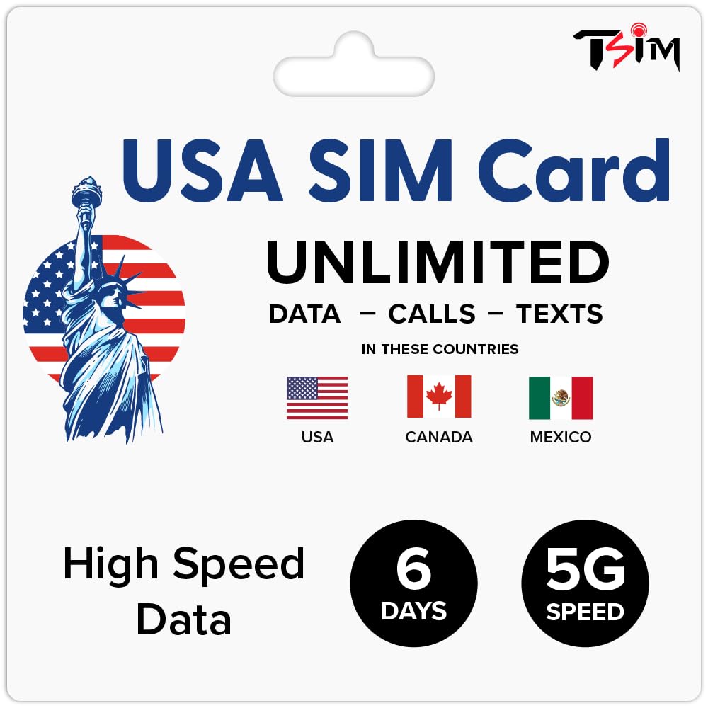 USA Sim card 6 days for travel | Unlimited Data, Calls & Texts in USA, Canada & Mexico | Prepaid | Tethering/HotSpot/Internet Sharing | 5G High Speed data