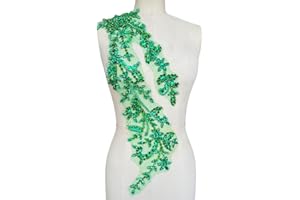 PLune Handmade Shining Acrylic Rhinestones on lace Applique Sewing Beads Stones Trim Patches Accessories for Wedding Dress (LightGreen Right)