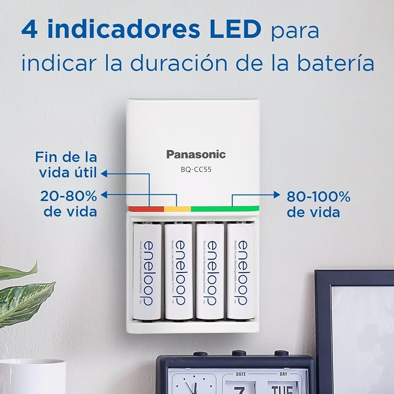 SmartPlus. Cargador para 1 a 4 pilas AA/AAA Ni-MH con 4 pilas eneloop AA/Mignon de capacidad mejorada y 10 funciones de seguridad.