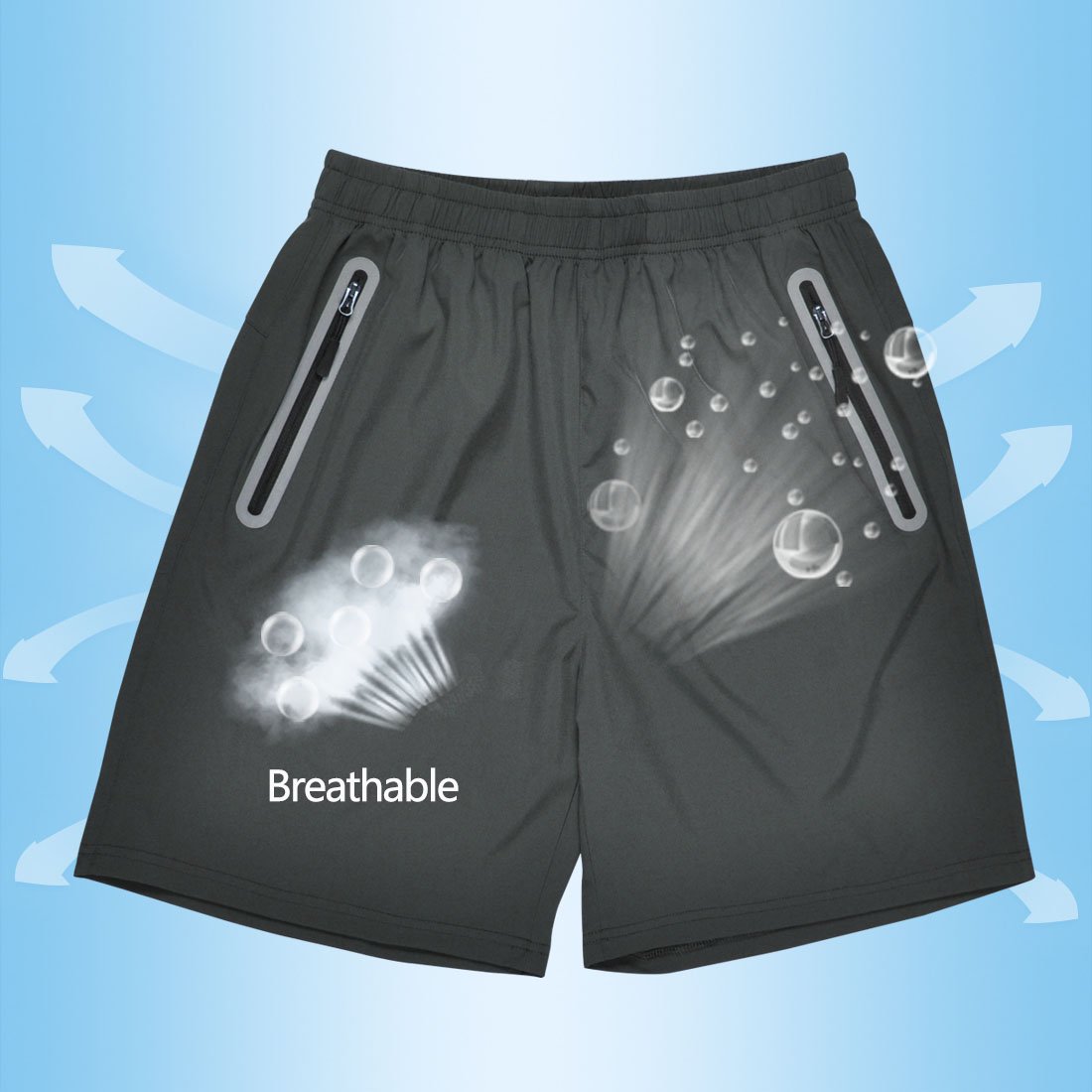 SuperArt Men\'s Gym Shorts Outdoor Sports Running Beach Shorts Lightweight Quick Dry Shorts Reflective with Zipper Pockets (Dark Grey, Medium)