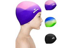 WINSYNE 3 Pack Kids Swim Cap for Boys Girls, Unisex Silicone Swimming Caps for 3-15 Toddler Children Teen, Waterproof Bathing Caps for Short/Long Hair to Keep Hair Dry