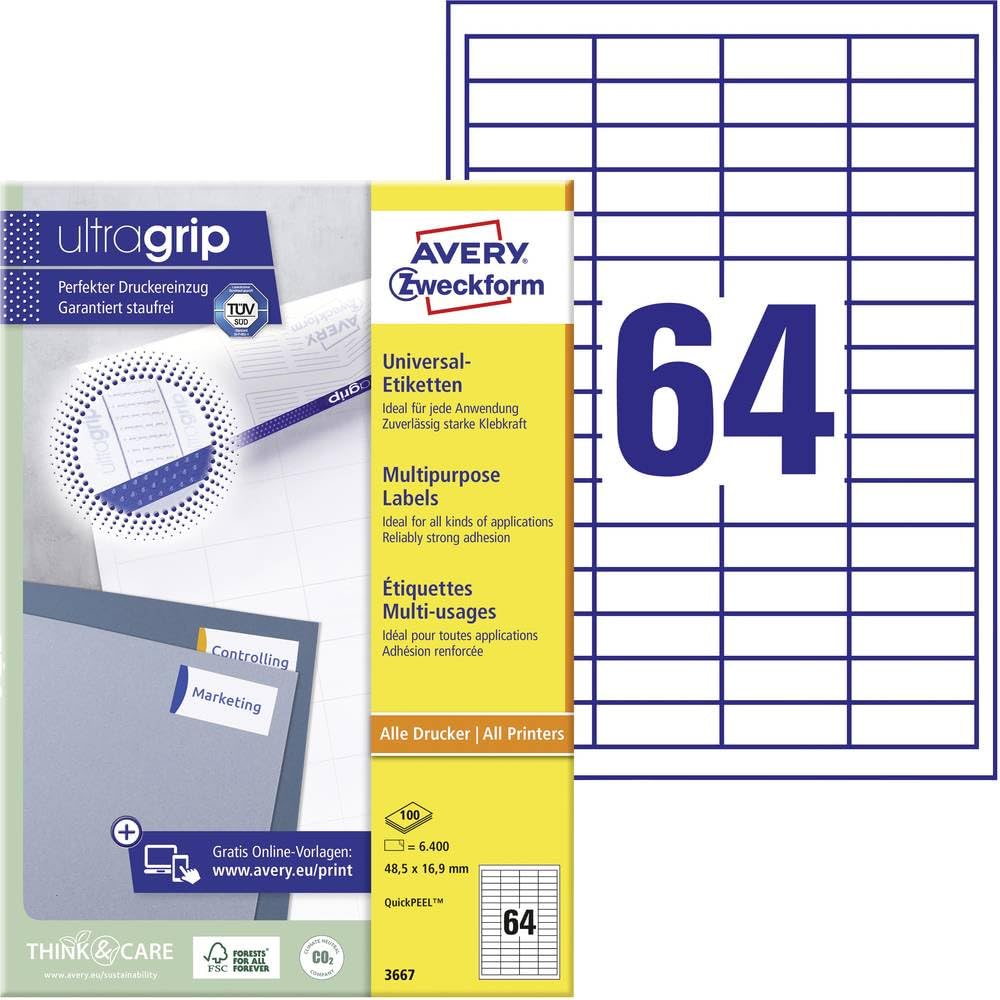 Avery Zweckform 3667, Universal Labels, A4, matt Paper, 6,400 Labels, 48.5 x 16.9 mm, 100 Sheets, White — image 1