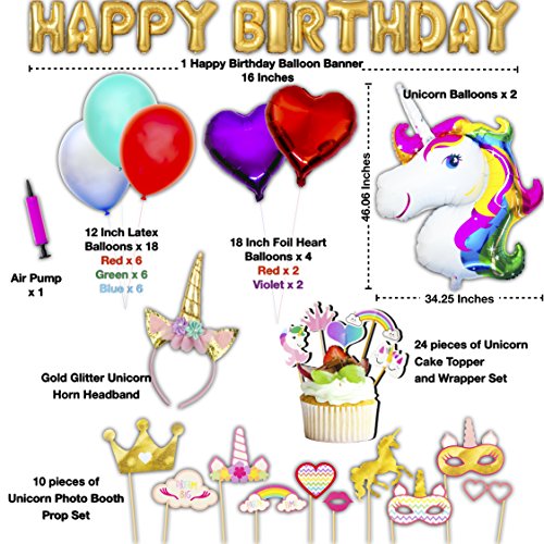 image for SuperHeroes Unicorn Kids Party Supplies Set - Gold Happy Birthday Bann