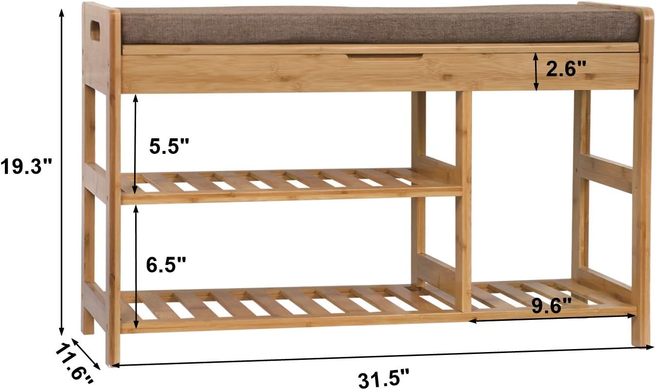 C&AHOME Shoe Rack Bench, Entryway 3-Tier Shoe Organizer, Max Load 270 LBS, Bamboo Storage Shelf with Cushion for Boots, Modern Stool for Bedroom Living Room, 31.5" L x 11.6" W x 19.3" H Natural: Kitchen & Dining