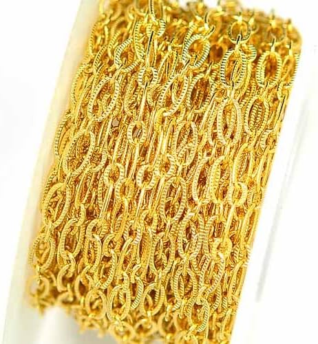 Chainologie 18K Gold-Plated Chain _#49: 3x6.5mm Textured Elongated Flat Cable Chain (per 25-foot Spool)
