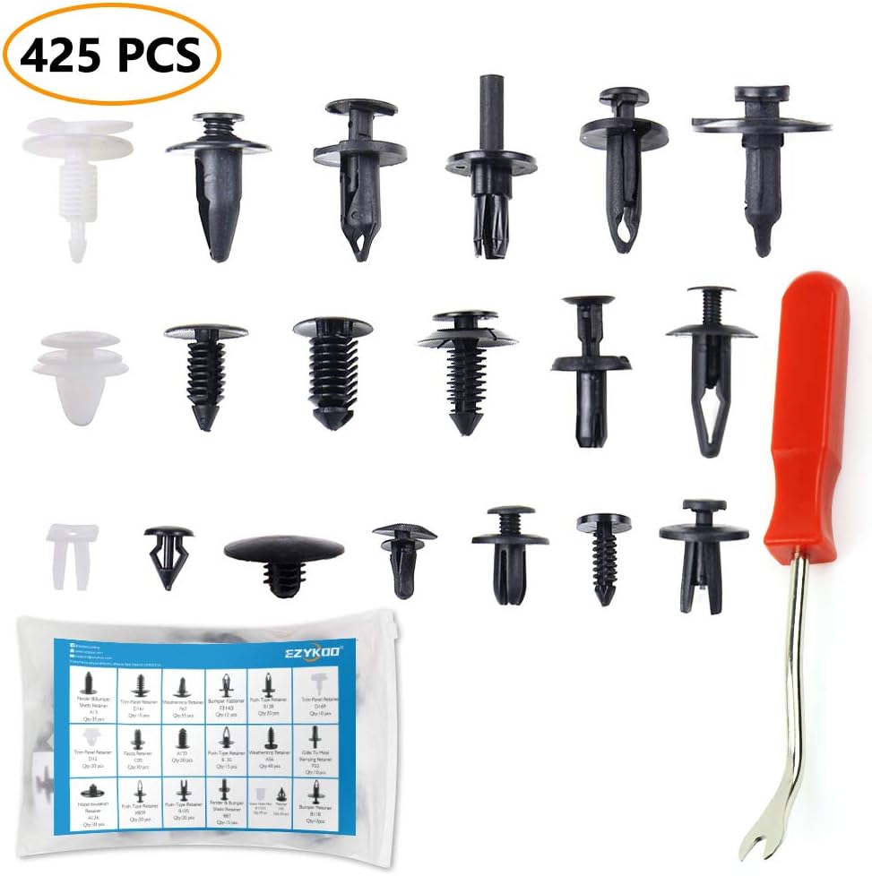 EZYKOO 425 pcs Plastic Rivets-19 Popular Sizes Car Door Panel Clips Kit Upholstery Fasteners Removal Tool Compatible with GM Ford Toyota Honda Chrysler