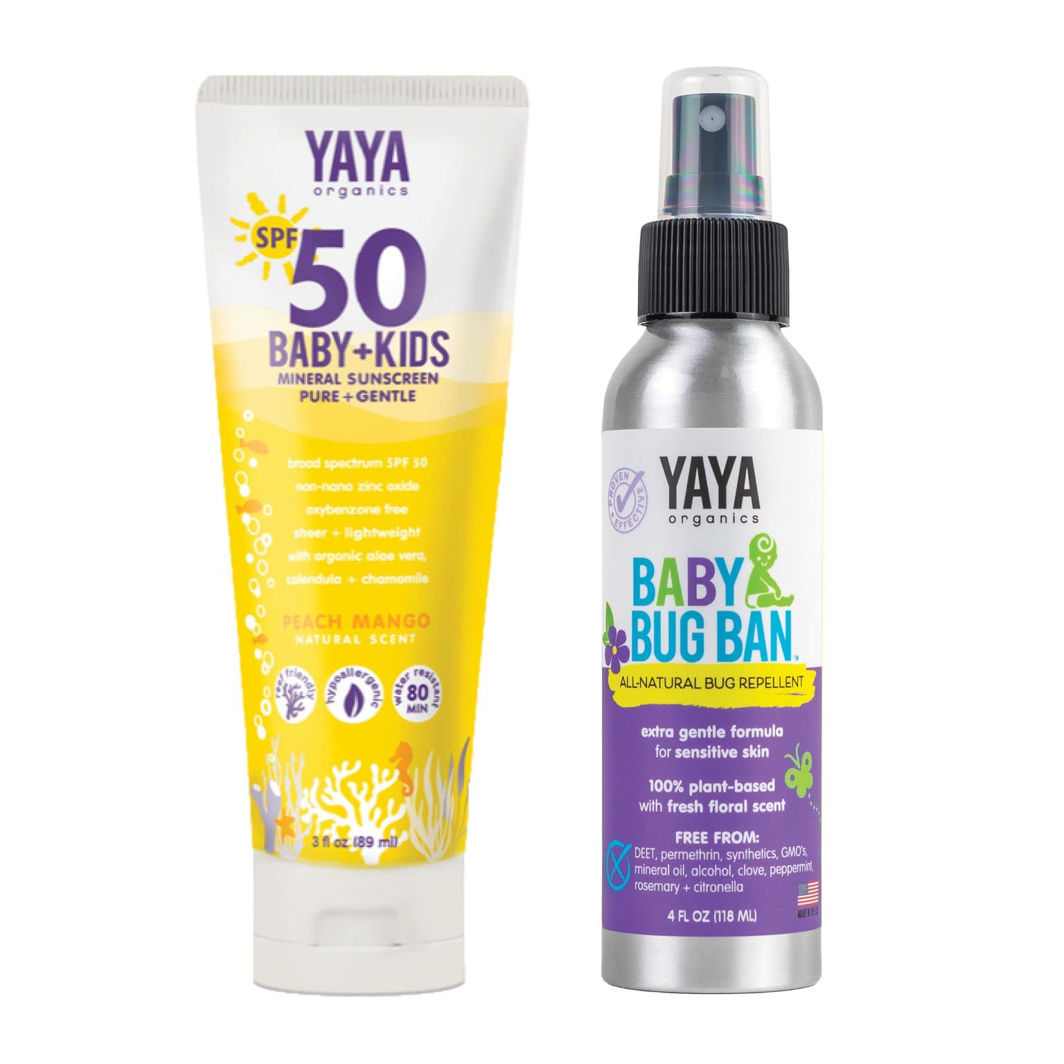 YAYA Organics Sun + Protection Bundle for Baby + Kids | Reef-Friendly SPF 50 Mineral Sunscreen and Deet-Free Bug Ban Natural Repellent Spray | Pure and Gentle | 3 oz / 4 oz