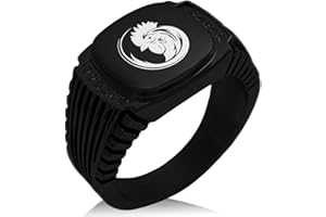 Tioneer Stainless Steel Tribal Rooster CZ Ribbed Needle Stripe Pattern Biker Style Polished Ring