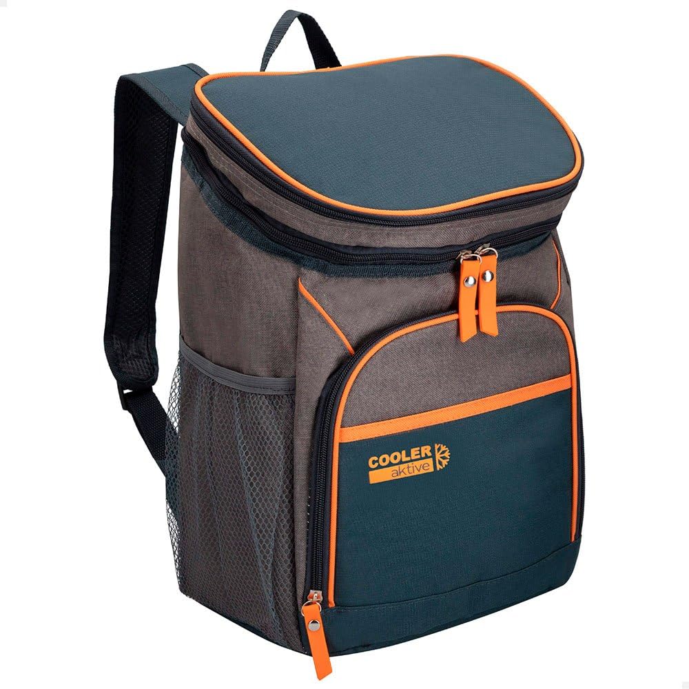 AKTIVE Soft Cooler, 15L Thermal Backpack for Beach or Camping, 2 Independent Compartments, Front and Side Mesh Pocket, PEVA Insulated Interior, 26 x 20 x 35 cm (80790)