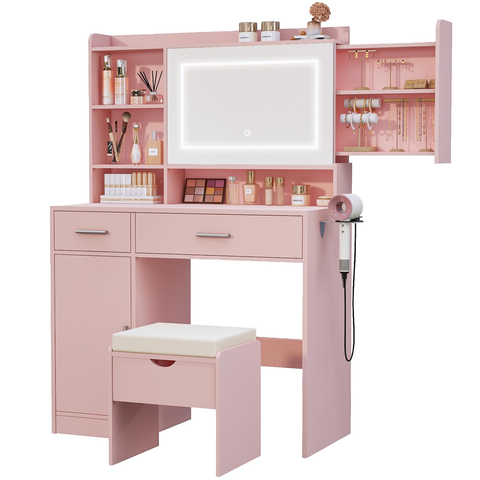 Photo 1 of Viaozutis Vanity Desk with Mirror and Lights, with Hidden Shelves,4 Compartments,2 Drawers,Cabinet & Stool,Dimmable LED Lights,Power Outlets, Ideal for Bedroom Vanity Organization (Pink)