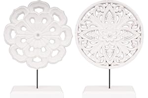 AXEARTE 2 Pack Wooden Carved Cutout Flower Medallion Sculpture, Rustic Distressed White MDF Statues Home Tabletop Decor, Decorative Ornaments for Living Room, Bedroom, Office Desktop, Cabinets