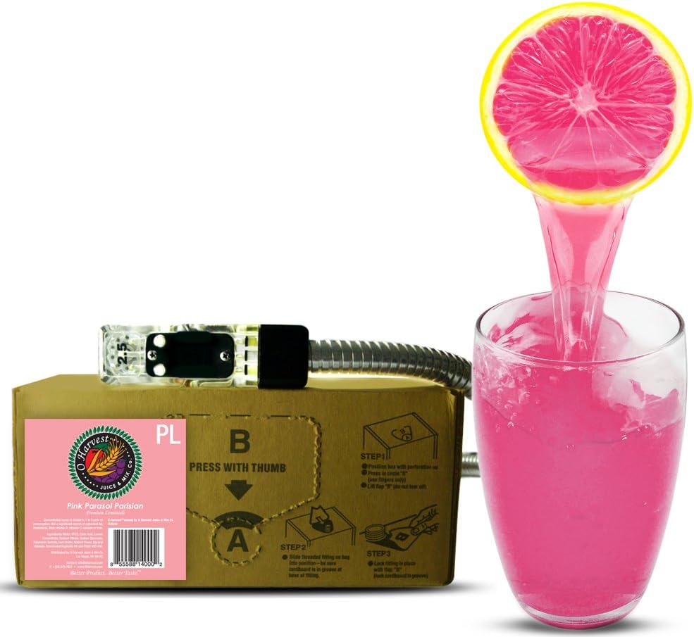 Bar Beverages Parisian Parasol Craft Pink Lemonade (3 Gallon Bag-in-Box Syrup Concentrate) - Box Pours 18 Gallons of Pink Lemonade - Use with Bar Gun, Soda Fountain or Home Beverage System