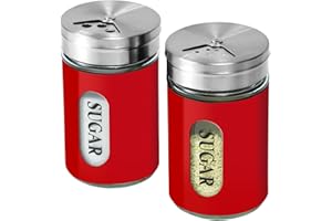STJKBDFC Sugar Shaker Duster Stainless Steel and Glass Set with Adjustable Pour Holes Cinnamon Shaker For Coffee Bar,set of 2 (Red)