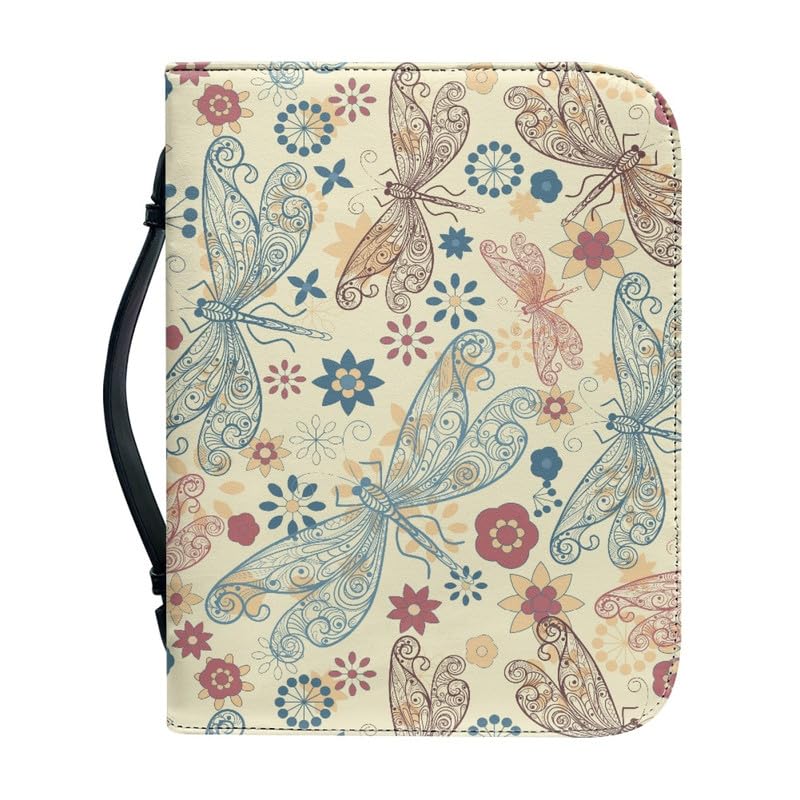 Garronmavis Flower Sketch Dragonfly Bible Covers for Women, Vintage Dragonflies Bible Case with Handle, Insect Art Bible Bag - M