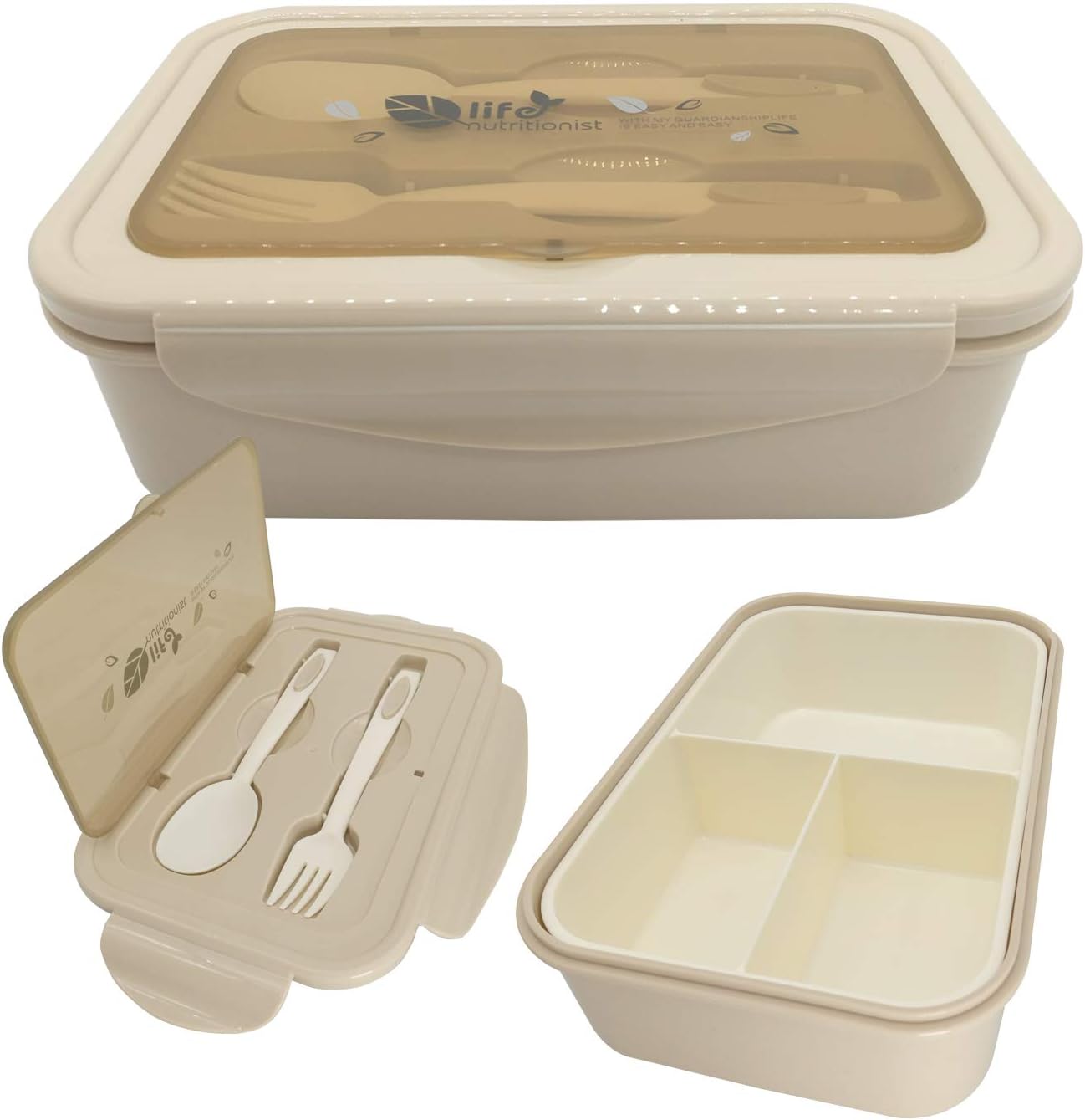 Bento Box, Lunch Box for Kids Adults, 3 Compartment Bento Lunch container, Food Storage Container Boxes, BPA Free On-the-Go Meal Prep Containers, Microwave/Dishwasher/Freezer Safe (Khaki)