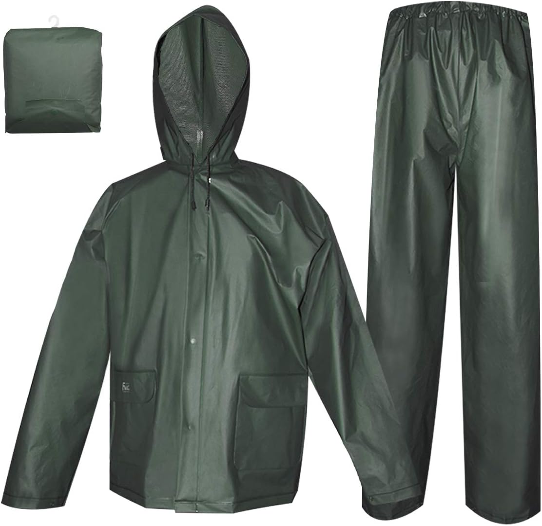 Rain Coat for Women Men Waterproof Jacket with Pants 2Pcs Ultra-Lite Suits EVA Reusable Portable Packable (Medium, Dark Green)