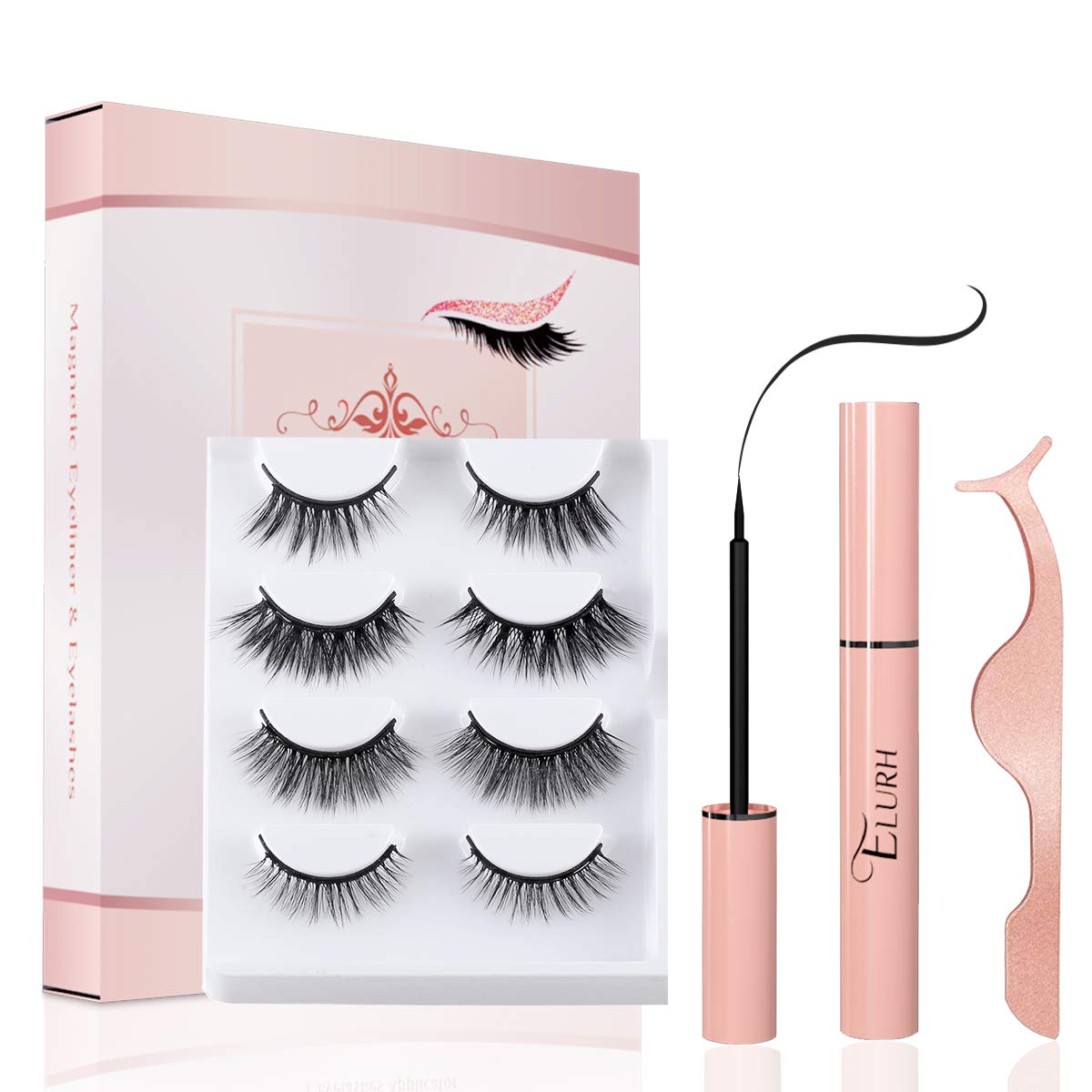 ELURH Magnetic Eyelashes and Eyeliner Kit, 3D Waterproof Natural Look Reusable False Lashes with Tweezer (4 Pairs)