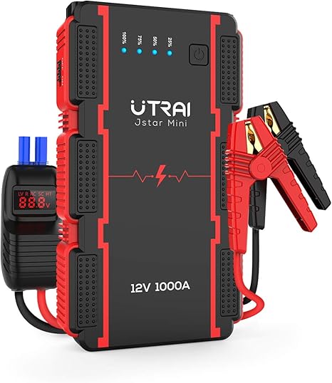 Amazon Utrai Jstar ミニポータブルカーバッテリージャンプスターター バッテリー検出付きスマートクリップ 12v 1000a mah 6 0lガスまたは4 5lディーゼルエンジン パワーパック オートバッテリーブースター Ledライト付き ジャンプスターター 車 バイク