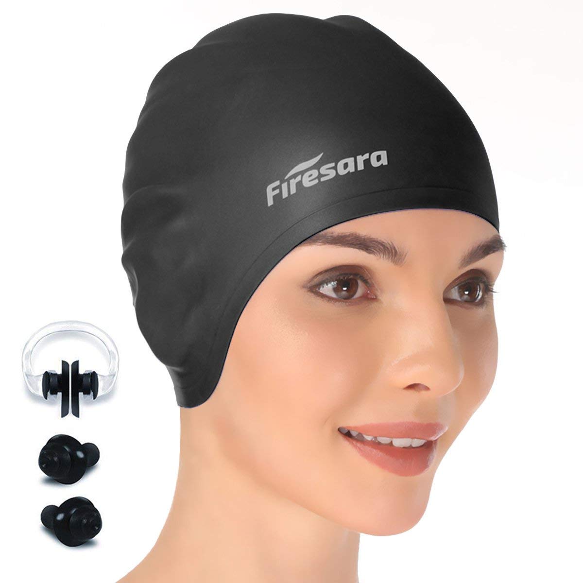 Firesara Swim Cap, Silicone Swimming Cap for Long Short Hair 3D Design Non-Slip Waterproof for Adult Men Women Kids Swim Hat with Nose Clip Ear Plugs