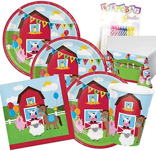 Farmhouse Farm Birthday Party Supplies Pack Serves 16: Plates Napkins Cups and Table Cover with Birthday Candles (Bundle for 16)