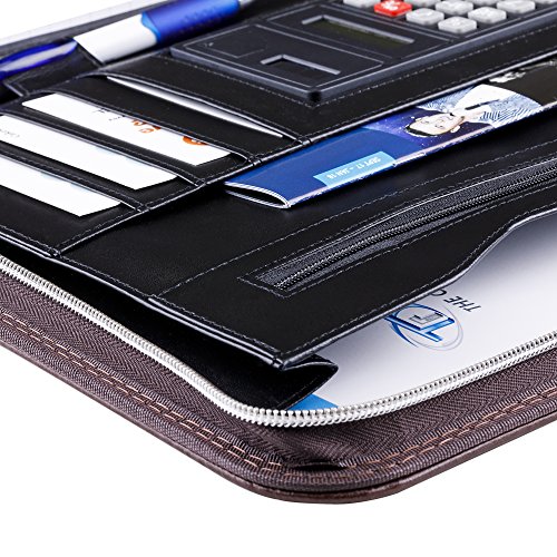 Careli Business Padfolio Portfolio with BONUS Wallet + Calculator + Writing Pad, Stylish Brown Faux Leather Resume Holder Organizer with Zippered Closure, Multiple Pockets, #1 Gift for Professionals