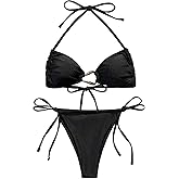 Milumia Women's 2 Piece Swimsuit Ring Linked Tie String Halter Thong Bikini Set Bathing Suits