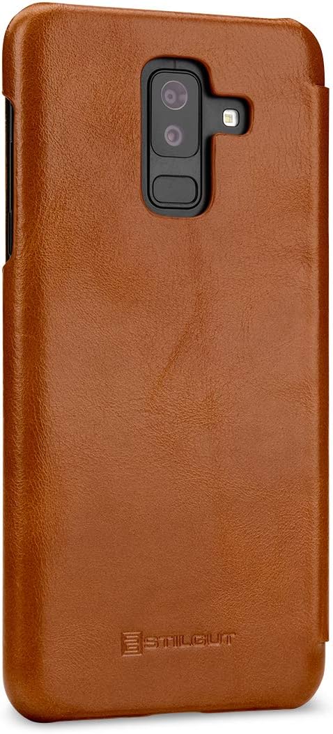 StilGut Book Type Flip Case for Galaxy A6 Plus/A6+ 2018, Genuine Leather Samsung Galaxy A6 Plus Case, Cognac Brown - Image 5